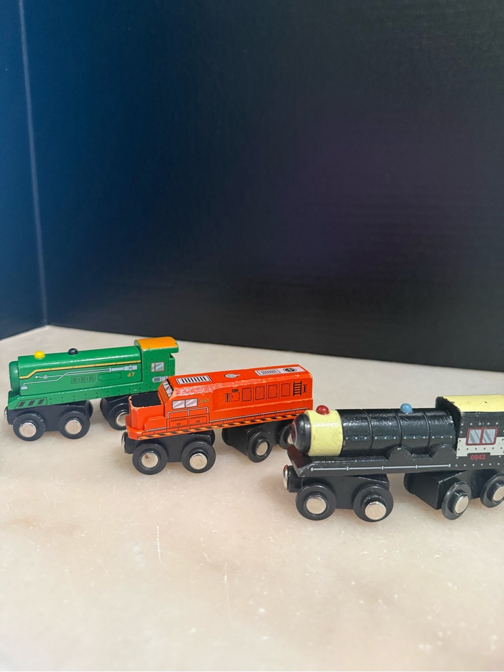 Maison Battat Express Line Wooden Magnetic Train Green Orange Black Set of 3